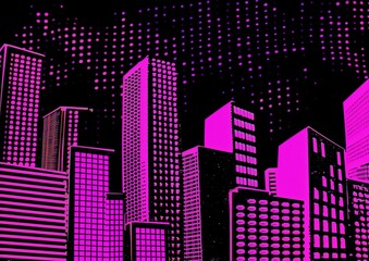 Obraz premium Futuristic Pop Art Cityscape Illustration in Neon Pink and Black Halftone Style