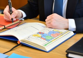 Businessman Making Notes in a Planner with Colorful World Map - Office Work and Business Planning Concept.