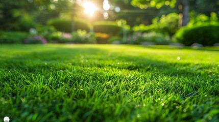 Naklejka premium Close-up of a lush green lawn with neatly trimmed grass, creating a vibrant and well-maintained outdoor scene