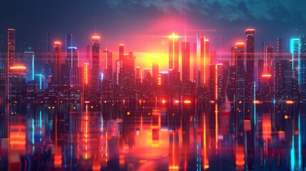 Fototapeta premium Futuristic cityscape with glowing neon buildings and a reflective surface, set against a dark background, emphasizing modernity and technology
