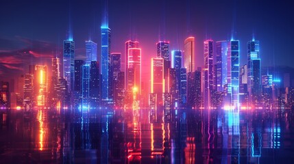Fototapeta premium Futuristic cityscape with glowing neon buildings and a reflective surface, set against a dark background, emphasizing modernity and technology