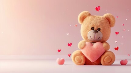 Obraz premium A cute cartoon teddy bear hugging a heart, with a sweet smile, on a light pink background