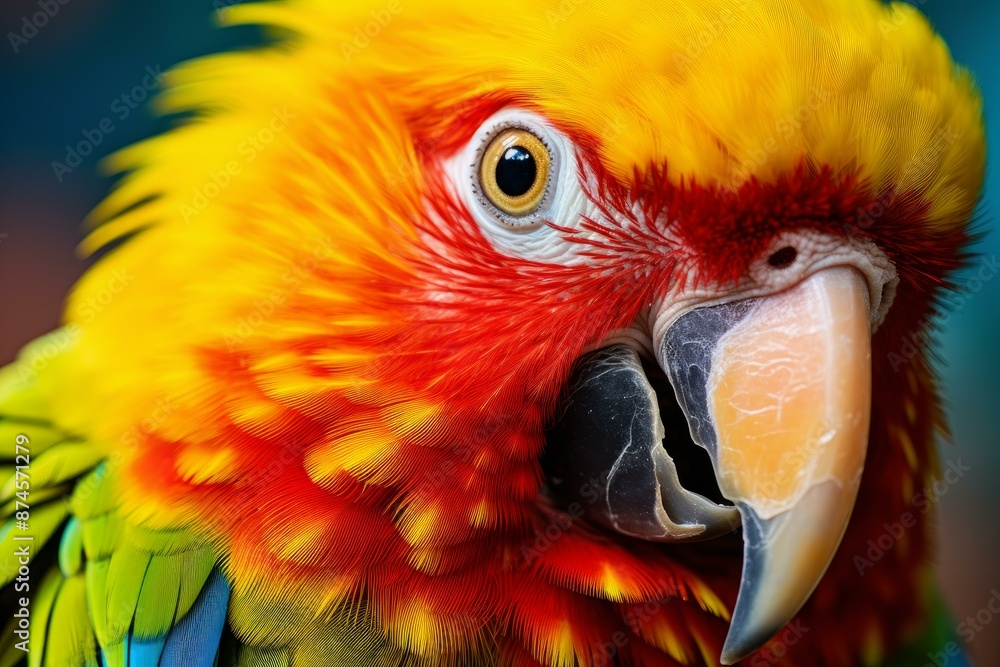 Poster macro image capturing the intense colors and detail of a sun conure's feathers and face