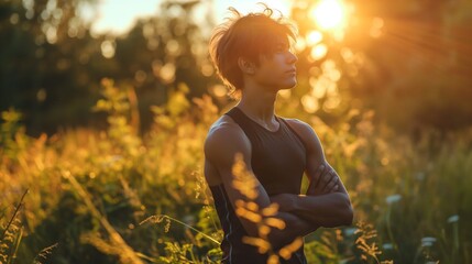 Young person outside, male Fitness enthusiast in a nature