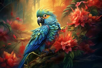Digital art rendition of a colorful parrot amid blooming flowers in an enchanted forest setting