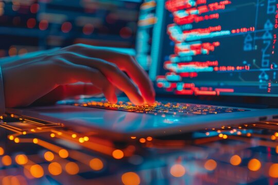 Digital technology, software development concept. Coding programmer working on laptop with circuit board and javascript on virtual screen