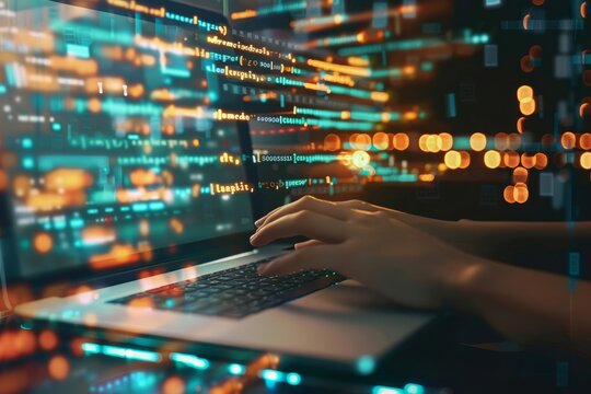 Digital technology, software development concept. Coding programmer working on laptop with circuit board and javascript on virtual screen
