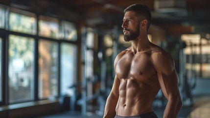 Fototapeta premium Fitness enthusiast in a gym, copy space