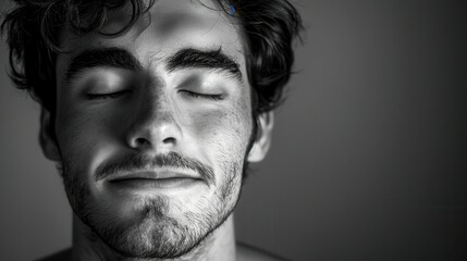 Obraz premium A drawing of a man with closed eyes and a serene smile, black and white.