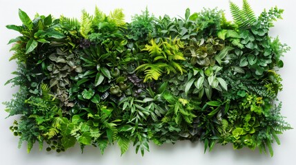 Obraz premium Vertical garden panel with a variety of green plants and foliage, set against a white background, emphasizing natural beauty and eco-friendly design