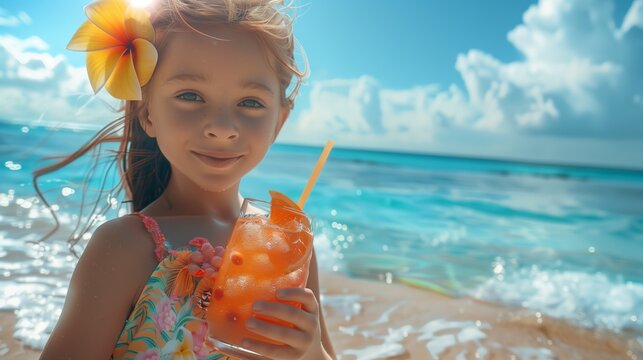 A young girl holds a fruity cocktail on a beach vacation, radiating refreshment and holiday joy.
