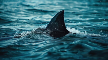Obraz premium shark fin on surface of ocean agains blue cloudy sky