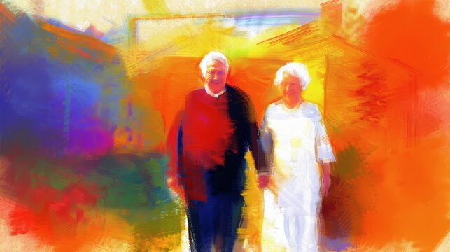 A portrait of an elderly couple holding hands and smiling capturing the enduring power of love and companionship through the years