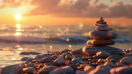 Stones pyramid on the seashore at sunset. Beach. Ultra realistic. Photorealistic