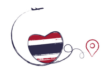Flag of Thailand. Heart, love romantic travel. Symbol of airplane, air plane, aircraft, aeroplane, flying, fly jet airline. Line path. Vector location pointer route. Travel for your web site design, l
