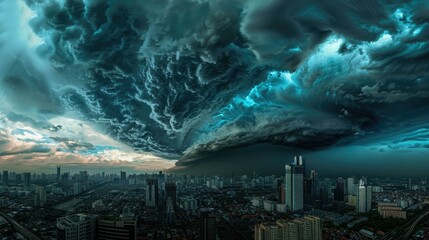 Massive, swirling storm clouds dominate the sky over a sprawling cityscape, casting an ominous, dark shadow. The approaching storm contrasts with the urban setting below.
