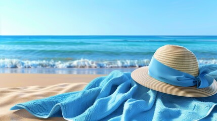 Blue towel with hat and summer beach. Beach. Ultra realistic. Photorealistic