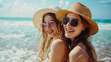 Beautiful girls in a summer day having fun on the beach selective focus. Beach. Ultra realistic. Photorealistic