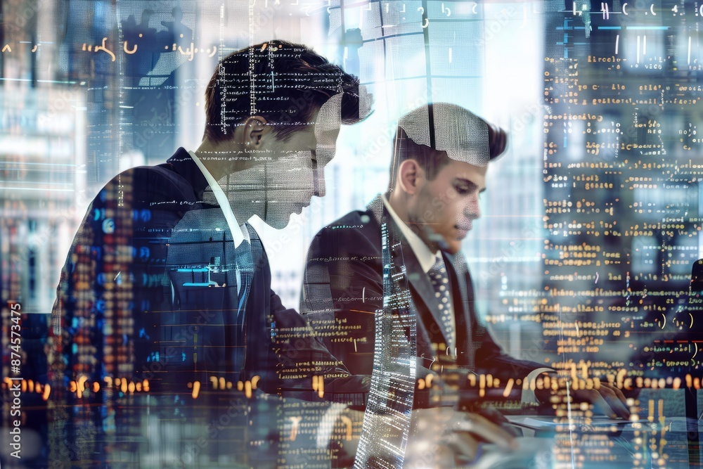 Poster digitally enhanced shot of two handsome businessmen working in the office superimposed over multiple