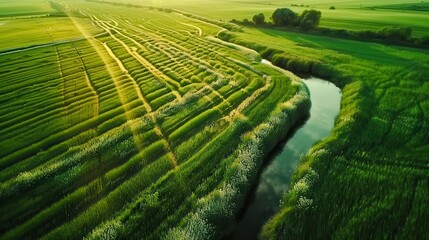 Fototapeta premium A field of legumes from a bird's eye view, looking like a green carpet stretching to the horizon. At the edge of the field, clumps of wild flowers in full bloom. In the distance, a small river crosses