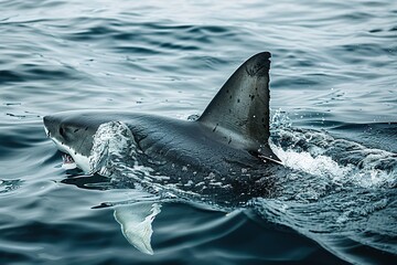 Fototapeta premium shark fin on surface of ocean agains blue cloudy sky