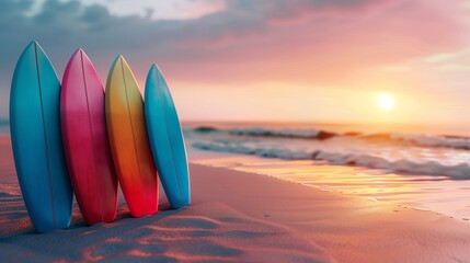 Surfboards on the beach at sunset. colorful surfboards background. surfboards with abstract pattern. surfboards on the beach. vacation concept. panoramic banner with copy space