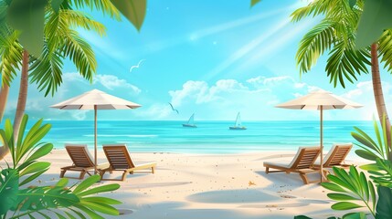 Obraz premium Wonderful beach scenery palms and sun beds with sea view. tropical beach landscape as summer vacation and holiday resort template. Beach. Ultra realistic. Photorealistic