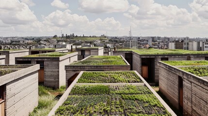 A panoramic view of a sprawling urban landscape with green rooftops and urban gardens showcasing efforts in urban planning and sustainable city living