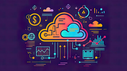 Cloud Financial Management FinOps conceptual illustration digital cloud with financial symbols modern tech design efficient resource management 