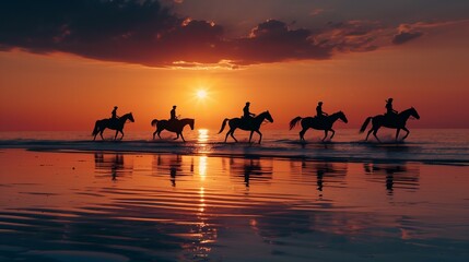 Silhouette of people riding horses on the beach at sunset. Beach. Ultra realistic. Photorealistic