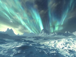 Fototapeta premium Captivating Aurora Borealis Display Over Snowy Mountainous Landscape