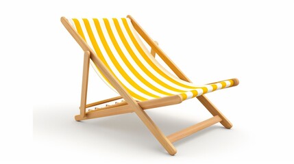 Yellow striped beach chair for summer getaways isolated on white background. Beach. Ultra realistic. Photorealistic