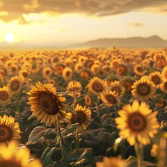 Fototapeta premium A Breathtaking Sunflower Field Under the Warm Golden Hour Sky