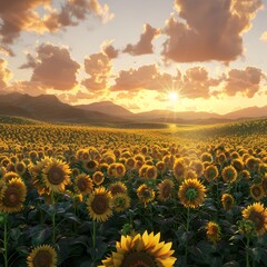Obraz premium Majestic Sunflowers Illuminated by Radiant Golden Hour Sunset in Serene Countryside Landscape
