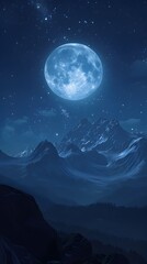 Mesmerizing Full Moon Illuminating Majestic Mountain Landscape Under Starry Night Sky