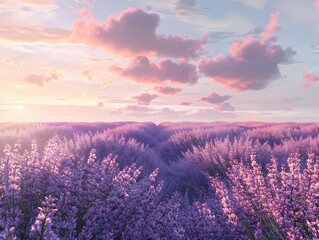 Lavender Field in Full Bloom at Sunset with Vibrant Purple Flowers and Mountainous Scenery