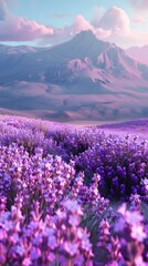 Obraz premium Lavender Fields in Full Bloom with Majestic Mountains in the Background