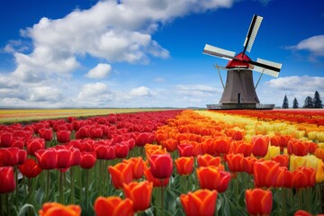 Traditional Tulips field windmill scene. Floral rural landscape with blossom farm. Generate Ai