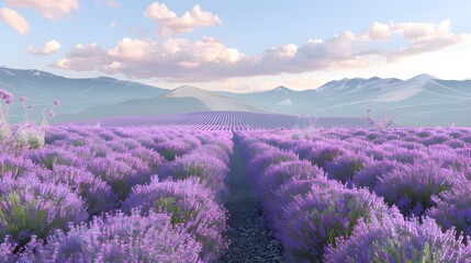 Fototapeta premium Vibrant Lavender Field with Dramatic Mountain Backdrop in Idyllic Pastoral Landscape