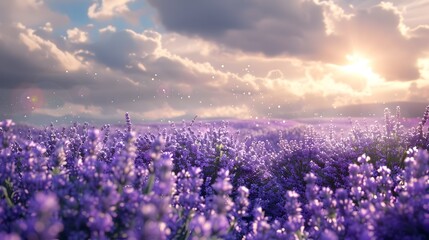 Naklejka premium Lavender Field in Full Bloom at Serene Sunset with Glowing Sky and Clouds