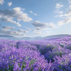 Fototapeta premium Expansive Lavender Field in Bloom Against Mountainous Landscape and Cloudy Sky