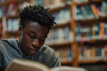 African American teenager studying at a library