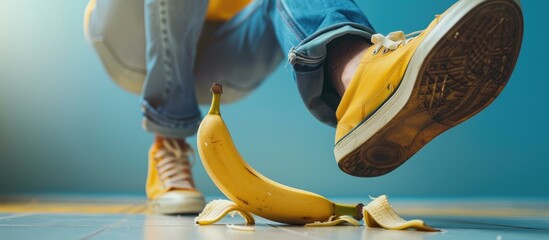 A foot in yellow sneakers stepping on a banana peel, captured mid-step, suggesting an imminent slip or fall on a tiled floor.