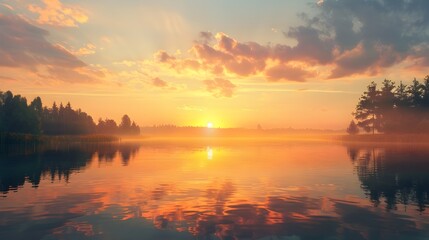 Breathtaking Sunset Reflection Over a Serene Lake Surrounded by Lush Forests