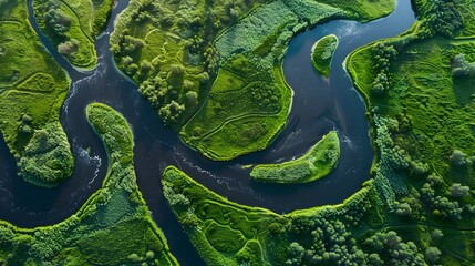 Obraz premium Aerial View of a Winding River Flowing Through Lush Green Landscape