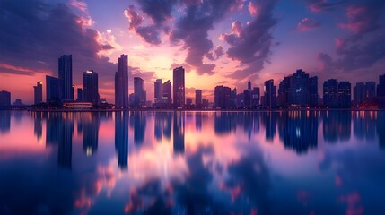 Fototapeta premium Breathtaking Cityscape Reflected in Tranquil Water at Dusk with Vibrant Sunset Glow