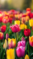Obraz premium Vibrant Field of Blooming Multicolor Tulips in Springtime Landscape