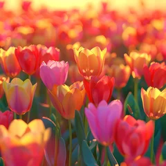 Gordijnen Vibrant Field of Blooming Tulips in Scenic Nature Backdrop © panu101