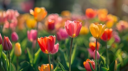 Obraz premium Vibrant Field of Tulips in Diverse Floral Bloom against Scenic Landscape Background