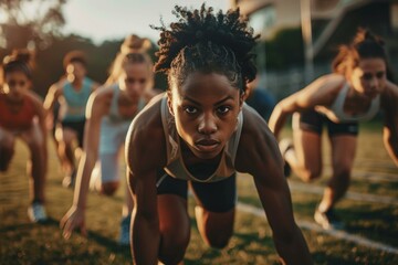 Athletes crouch at the starting line, poised for a race. Intensity and focus are evident in their expressions as they await the race's commencement.